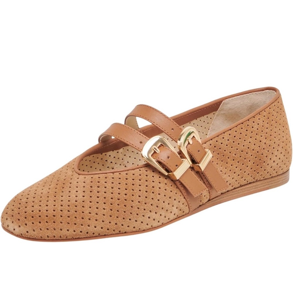 Women's Tan Perforated Mary Jane Flats